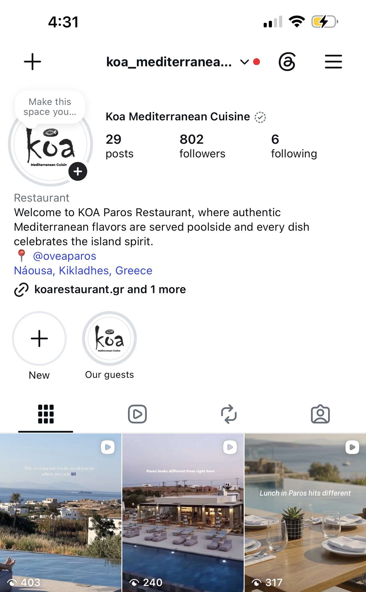 Instagram profile of KOA