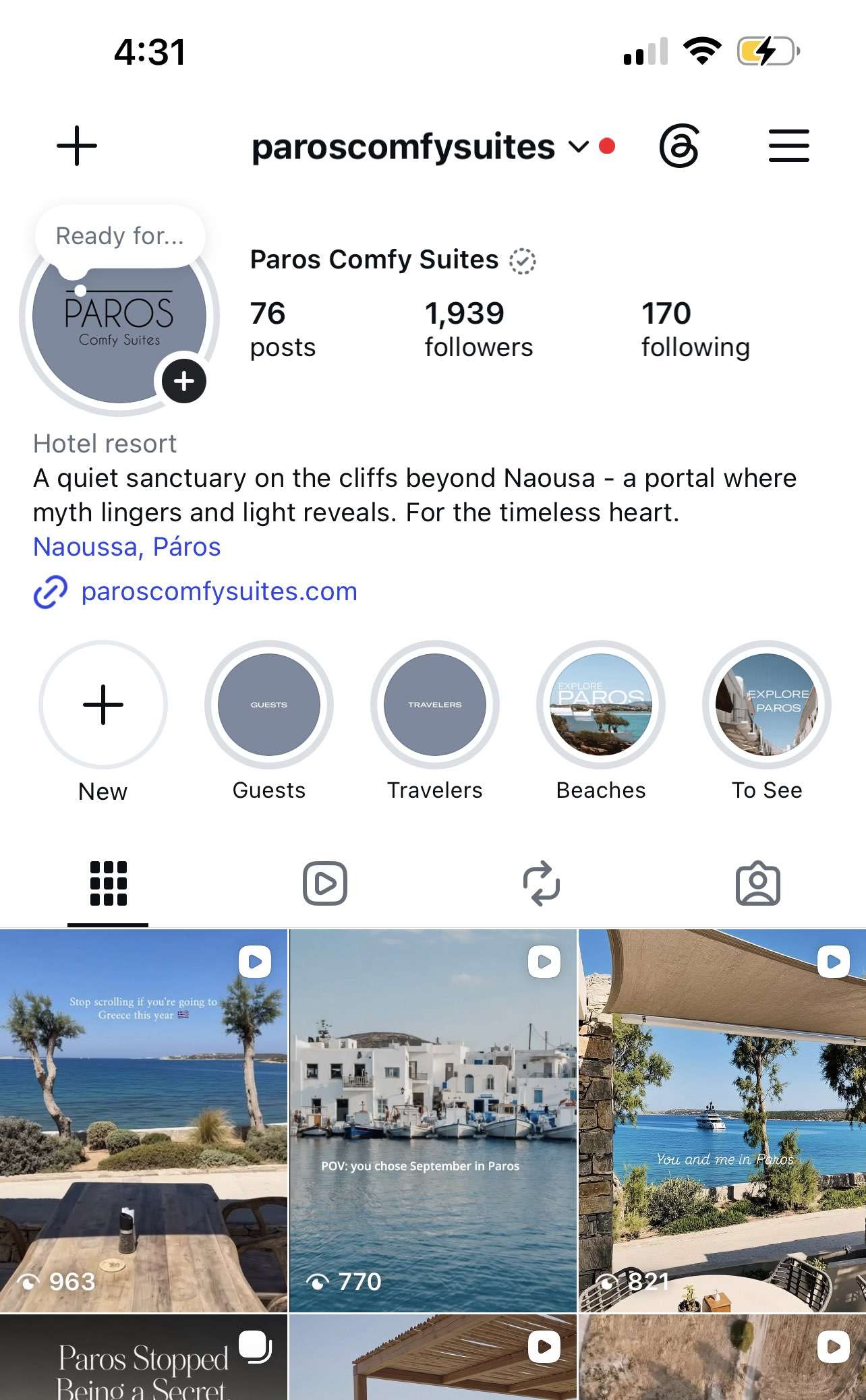 Instagram profile of Paros Comfy Suites