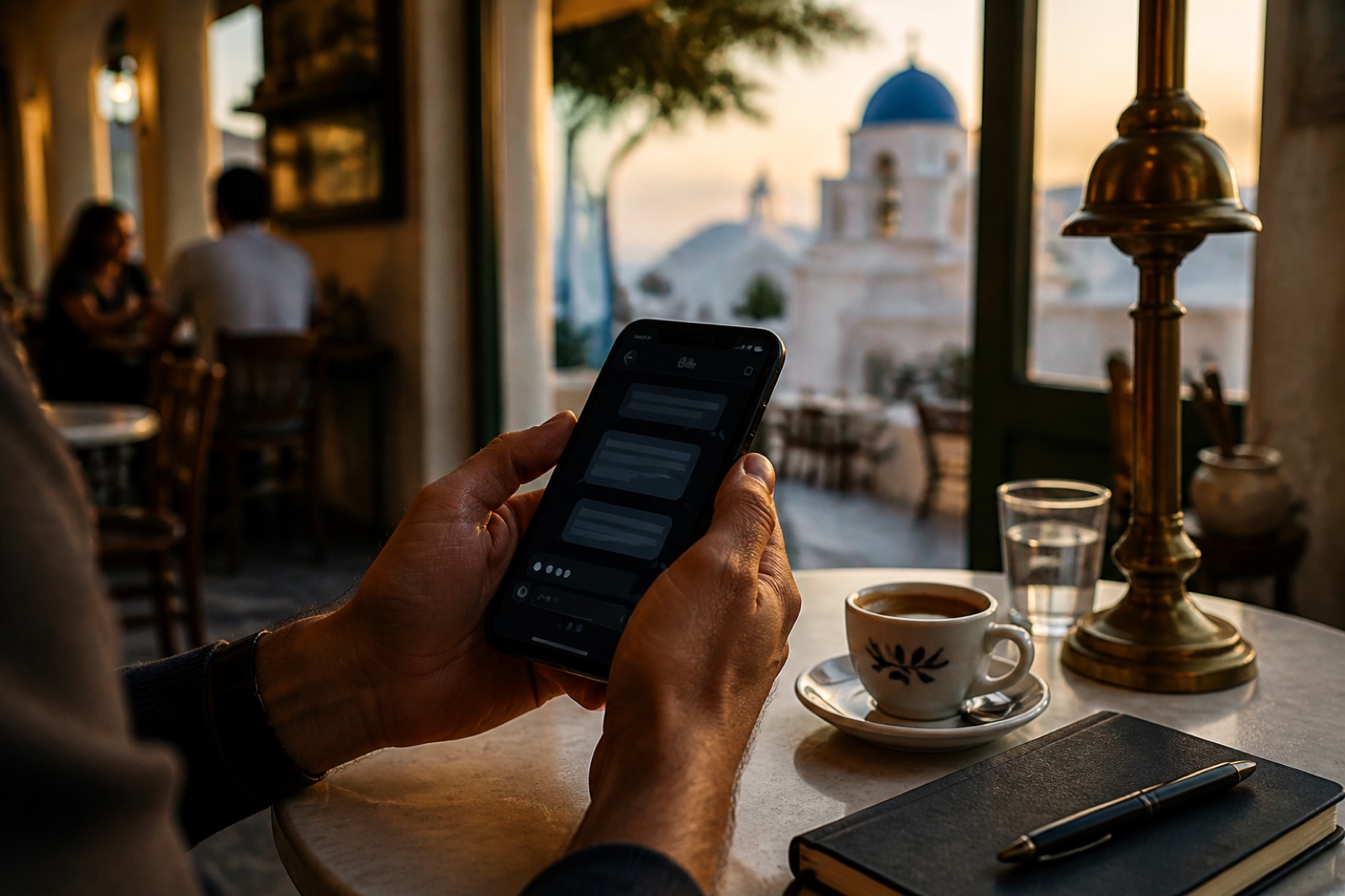 Person asking an AI assistant on a phone in a Greek café