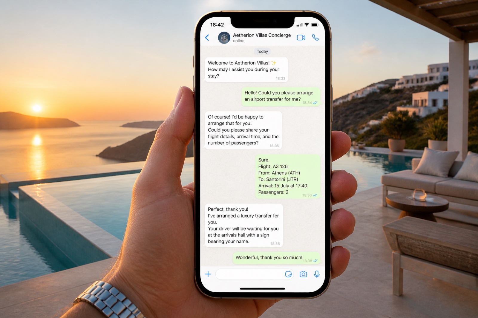 Greek boutique hotel pool at golden hour with a WhatsApp conversation on a phone