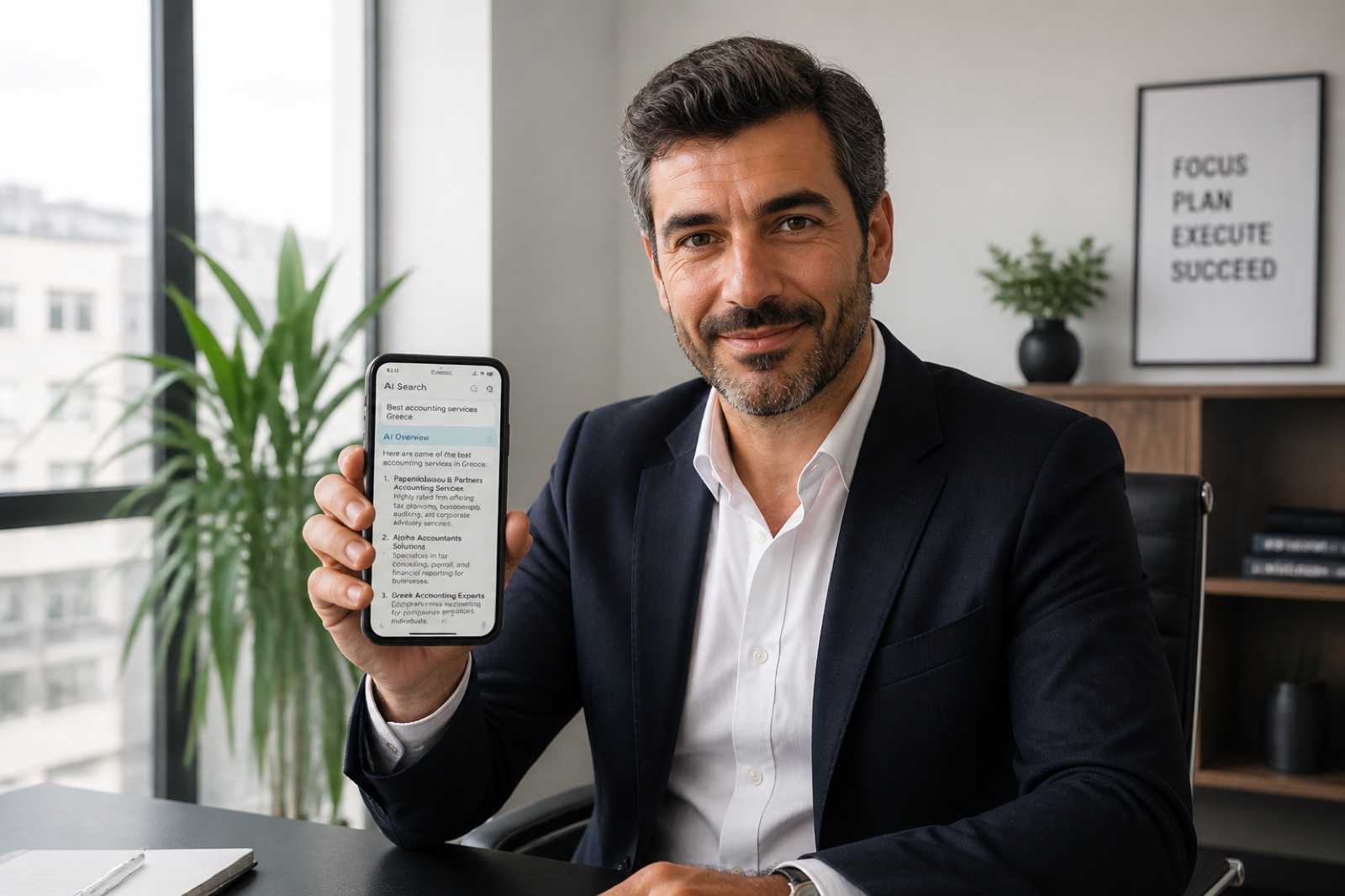 Greek business owner holding a phone showing AI search results in a modern office