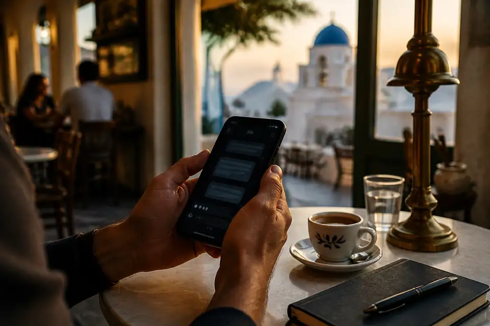 Person asking an AI assistant on a phone in a Greek café