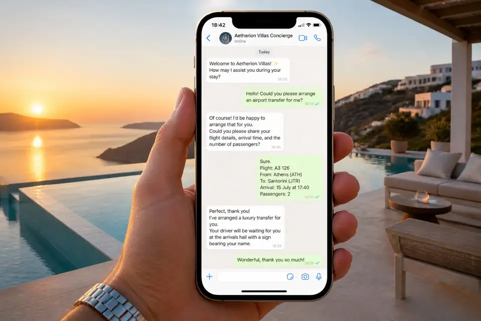 Greek boutique hotel pool at golden hour with a WhatsApp conversation on a phone