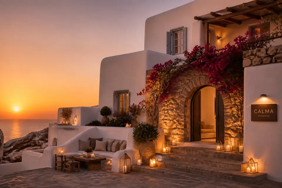 Boutique Greek hotel exterior at warm sunset